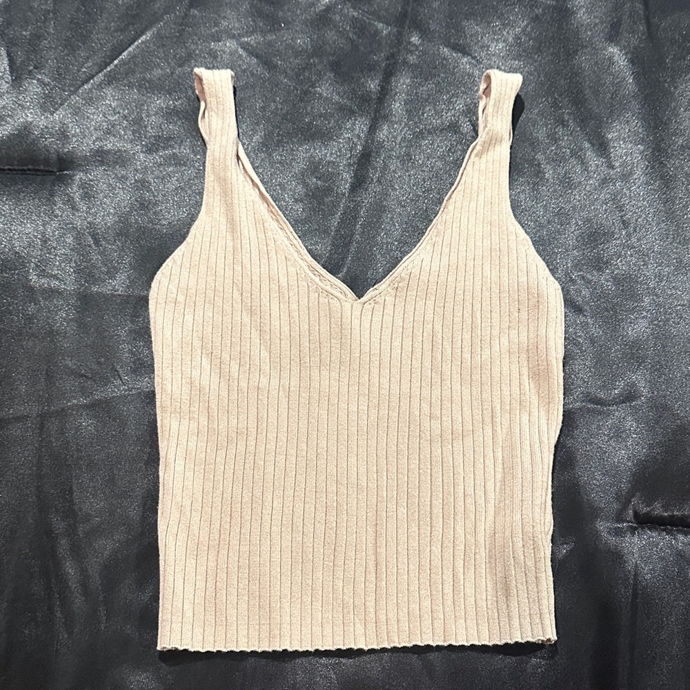 Beige Ribbed V-Neck Women's Top
